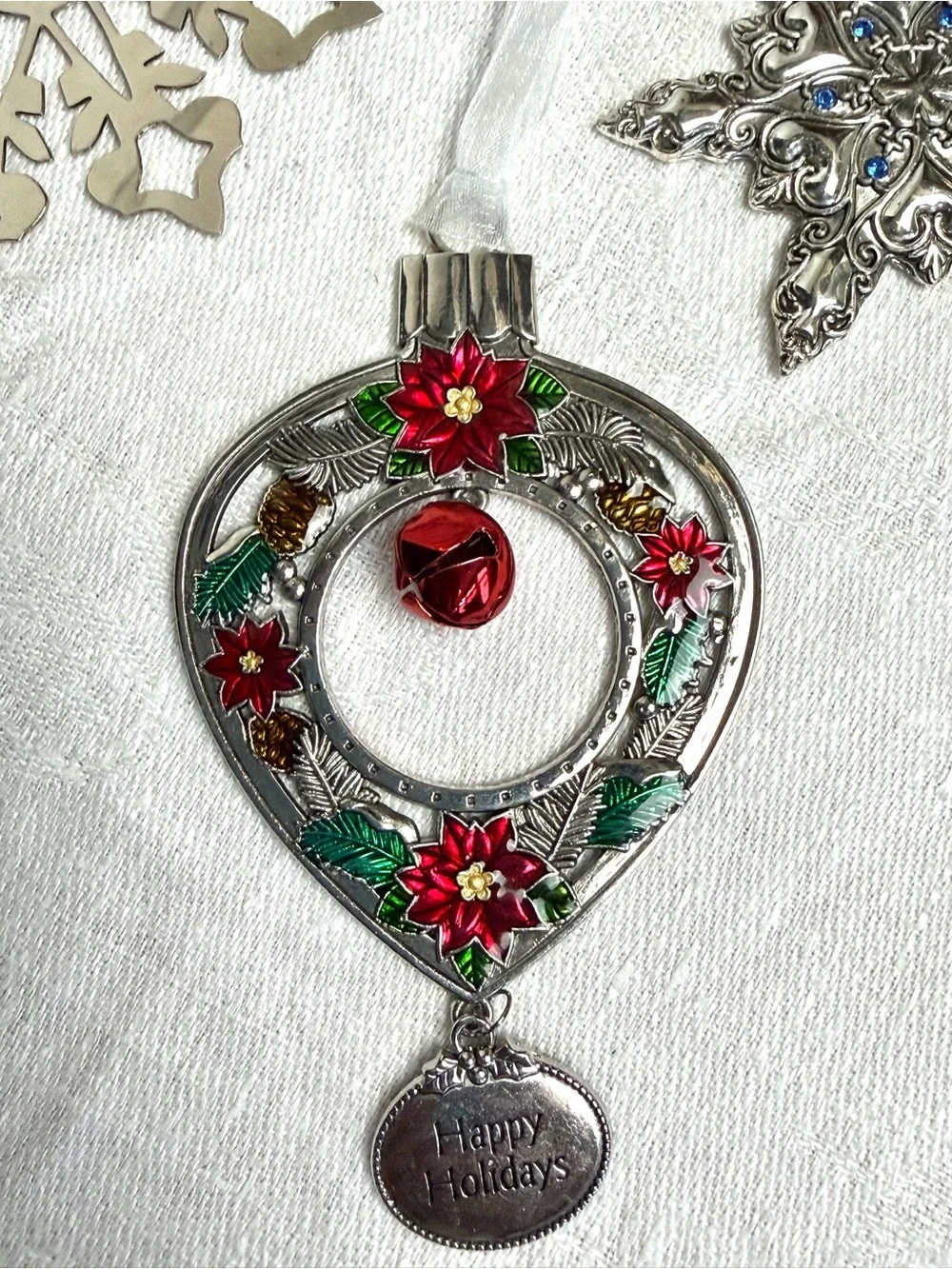 MMA, Harvey Lewis, Regent Square Ornaments 4 silver/crystal, VTG, ribbon, EUC